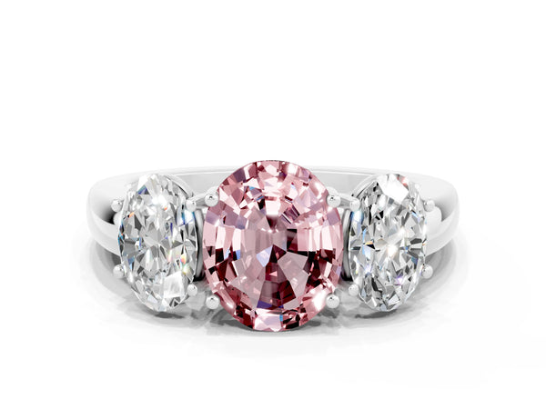 Platinum Oval Cut Morganite Three-Stone Ring with Four-Prong Setting and Classic Band