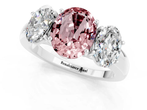 White gold Oval Cut Morganite Three-Stone Ring with Four-Prong Setting and Classic Band_1
