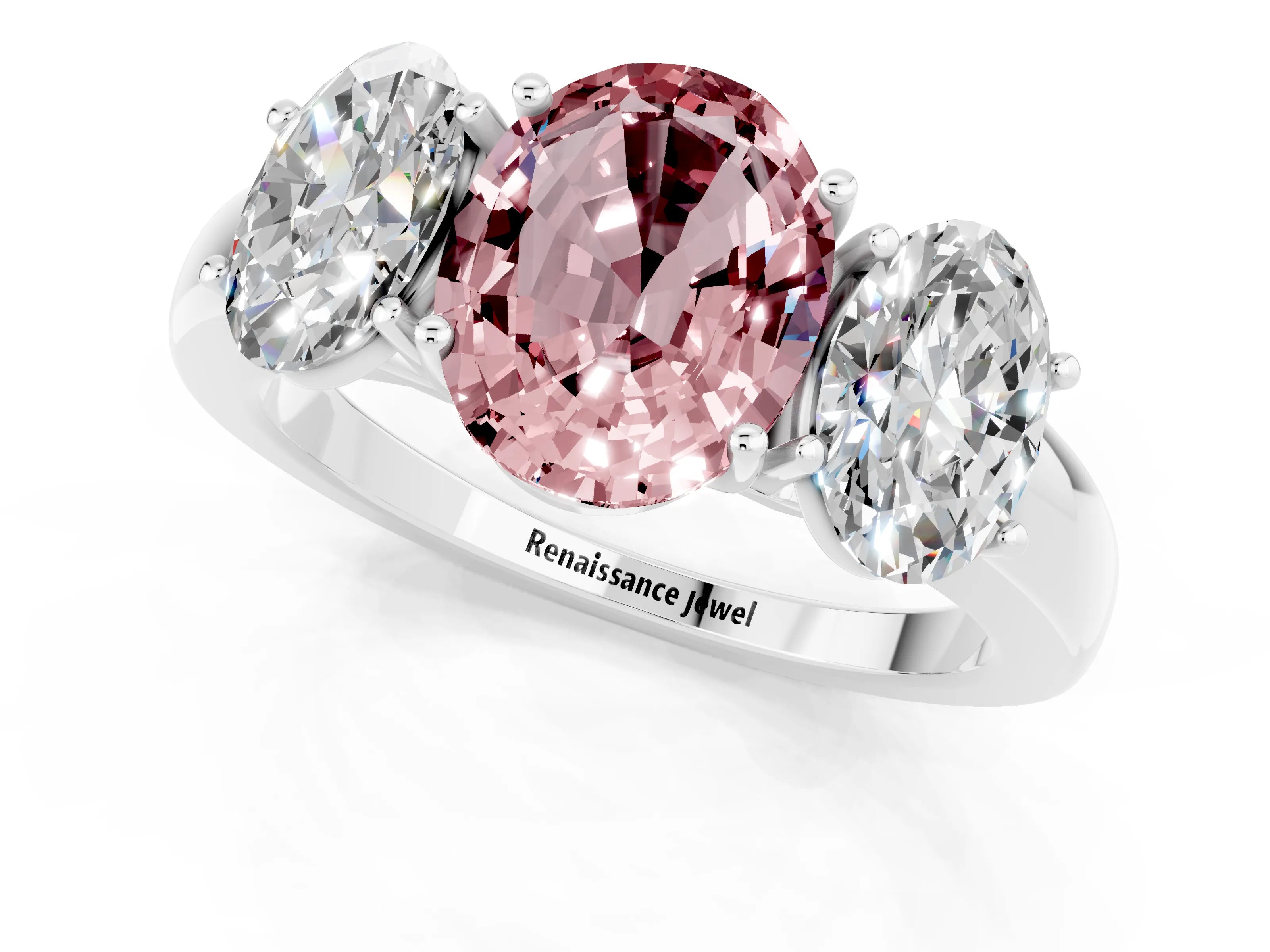 White gold Oval Cut Morganite Three-Stone Ring with Four-Prong Setting and Classic Band_1