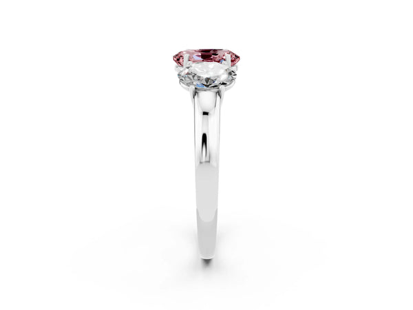 Platinum Oval Cut Morganite Three-Stone Ring with Four-Prong Setting and Classic Band