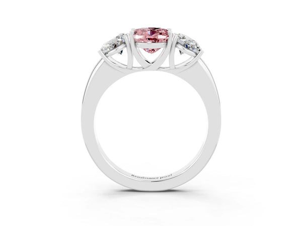 Silver Oval Cut Morganite Three-Stone Ring with Four-Prong Setting and Classic Band
