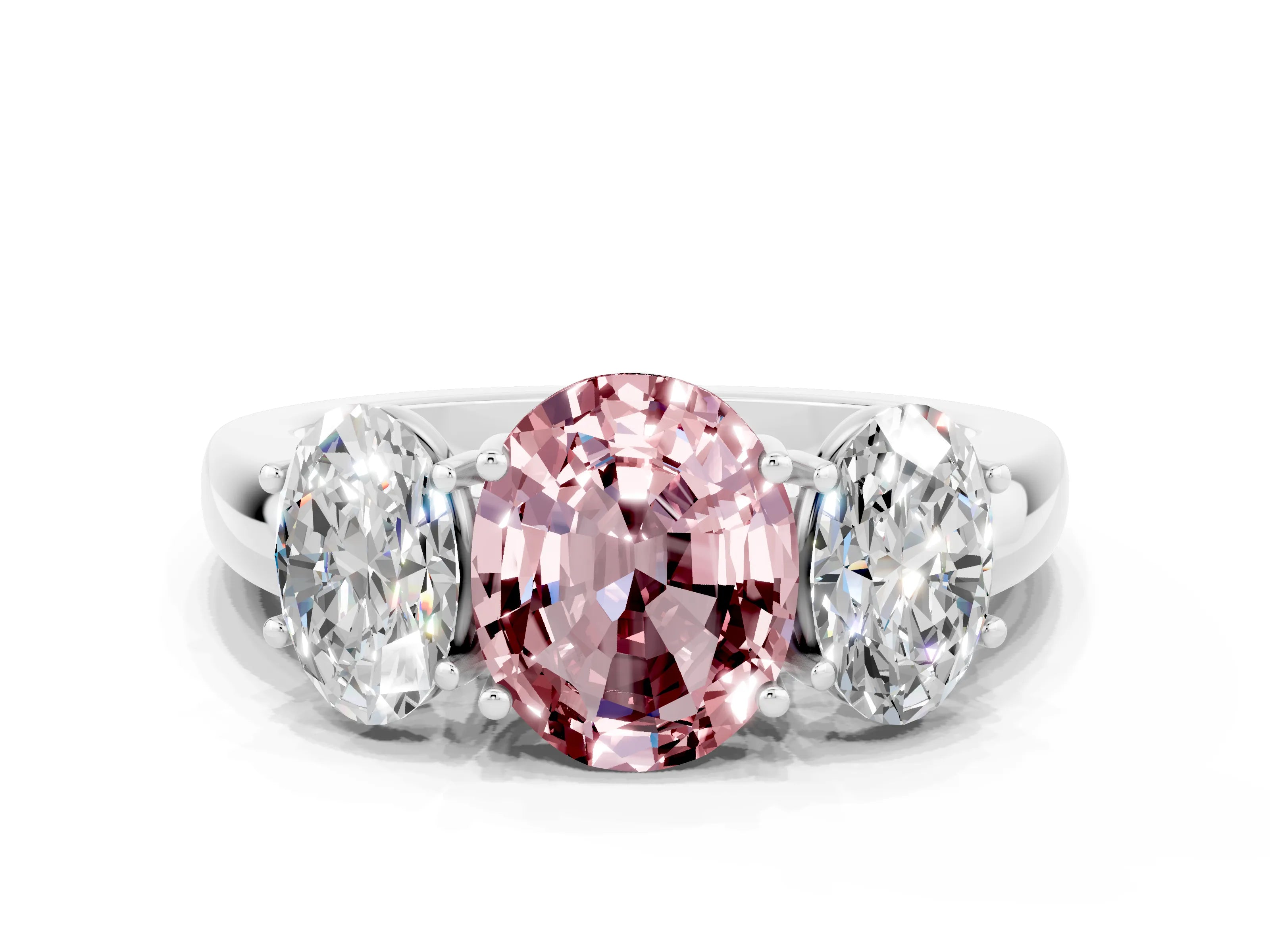 White gold Oval Cut Morganite Three-Stone Ring with Four-Prong Setting and Classic Band