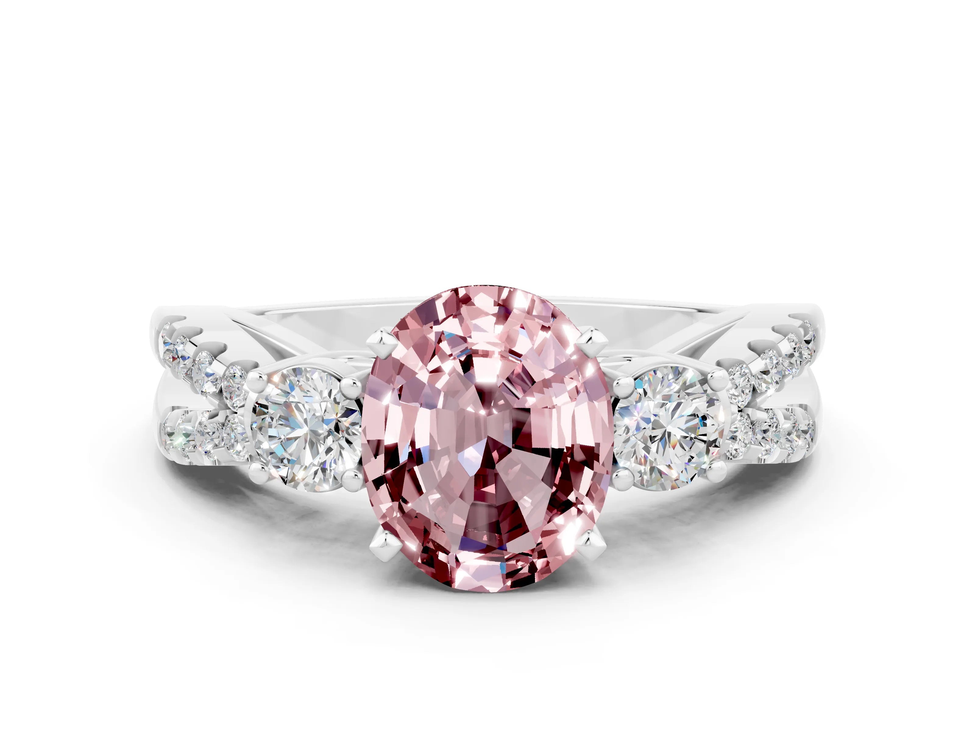 White gold Oval Cut Morganite Three-Stone Ring with Pavé Split Shank and Four-Prong Setting_12