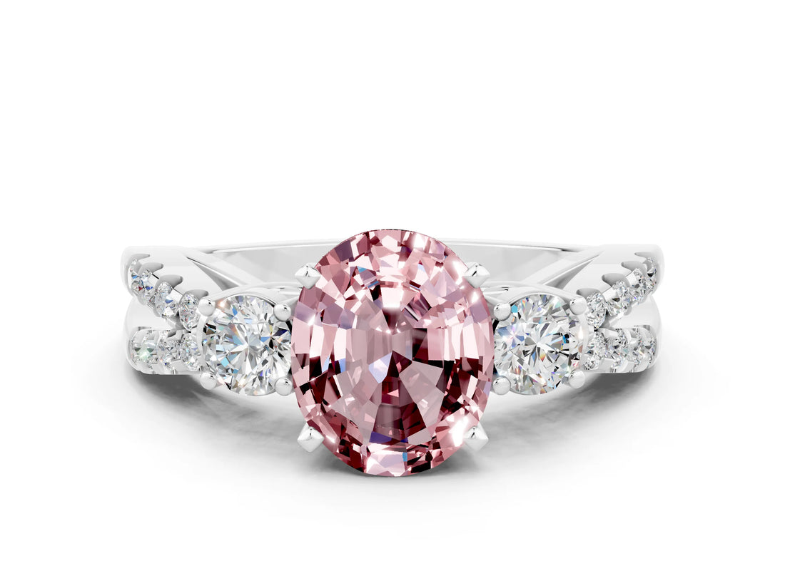 White gold Oval Cut Morganite Three-Stone Ring with Pavé Split Shank and Four-Prong Setting_12
