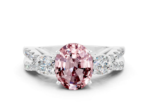 White gold Oval Cut Morganite Three-Stone Ring with Pavé Split Shank and Four-Prong Setting_12