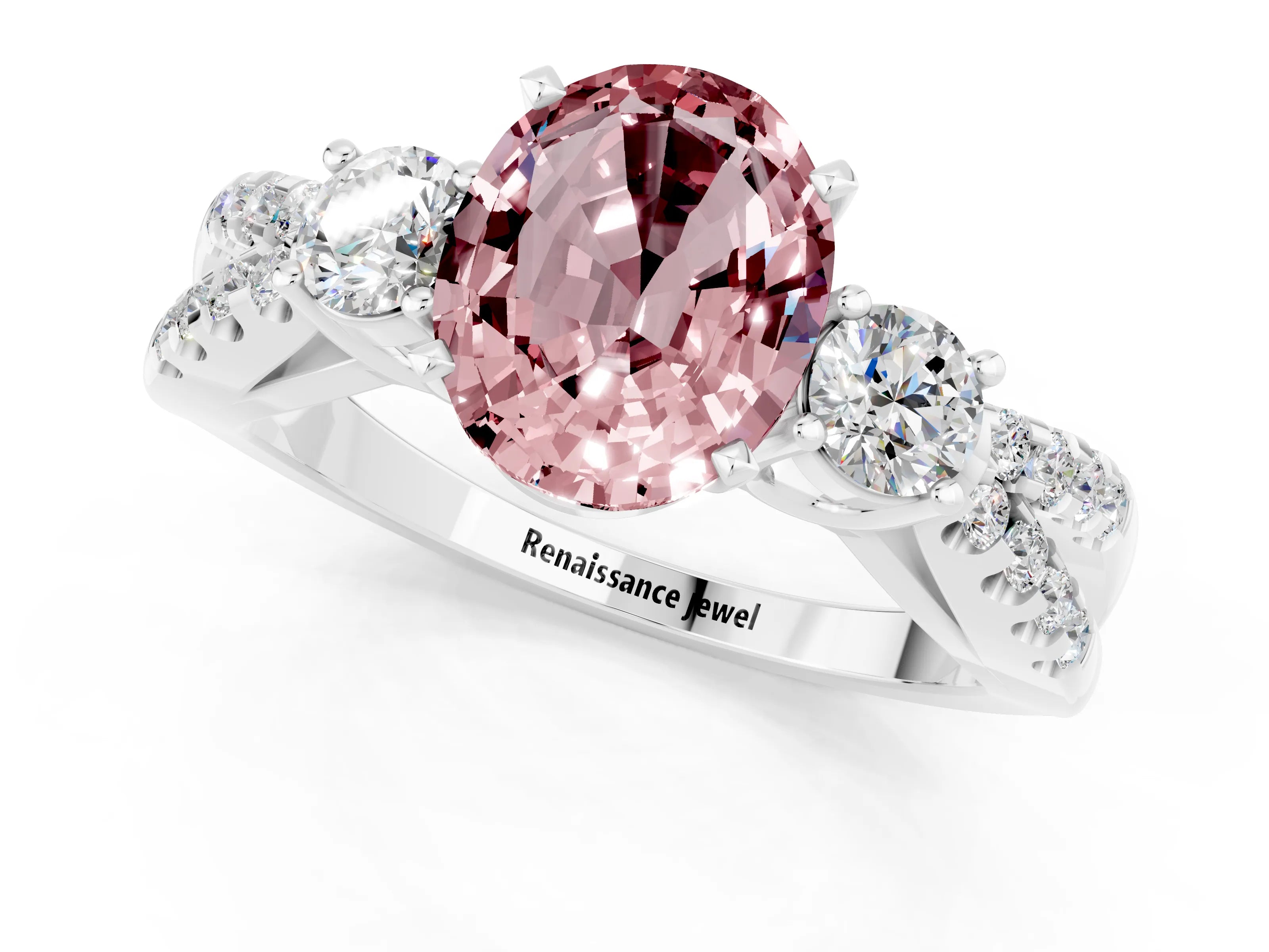 White gold Oval Cut Morganite Three-Stone Ring with Pavé Split Shank and Four-Prong Setting_13