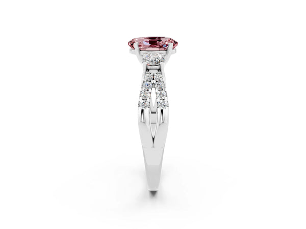 Platinum Oval Cut Morganite Three-Stone Ring with Pavé Split Shank and Four-Prong Setting