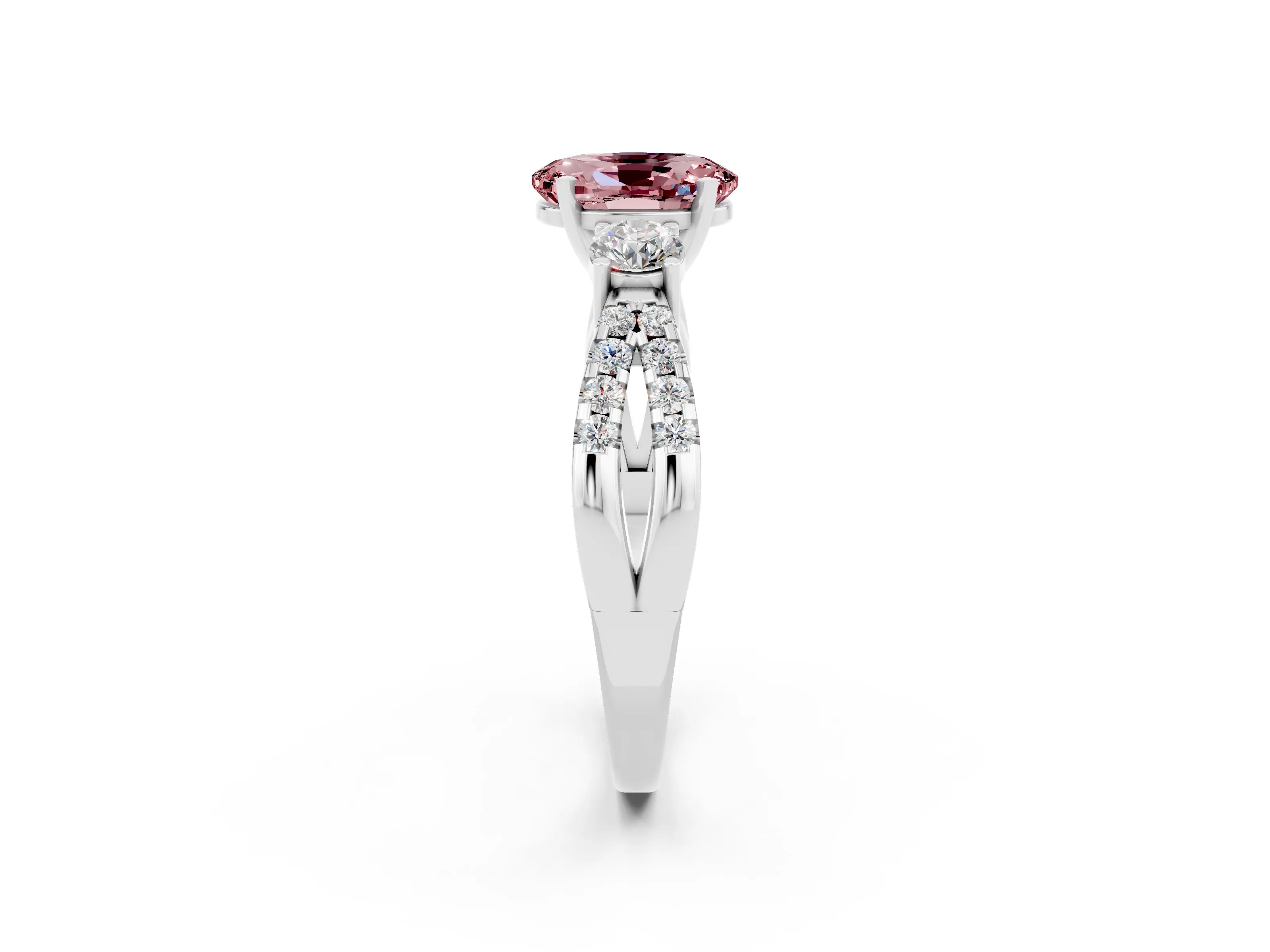 White gold Oval Cut Morganite Three-Stone Ring with Pavé Split Shank and Four-Prong Setting_14