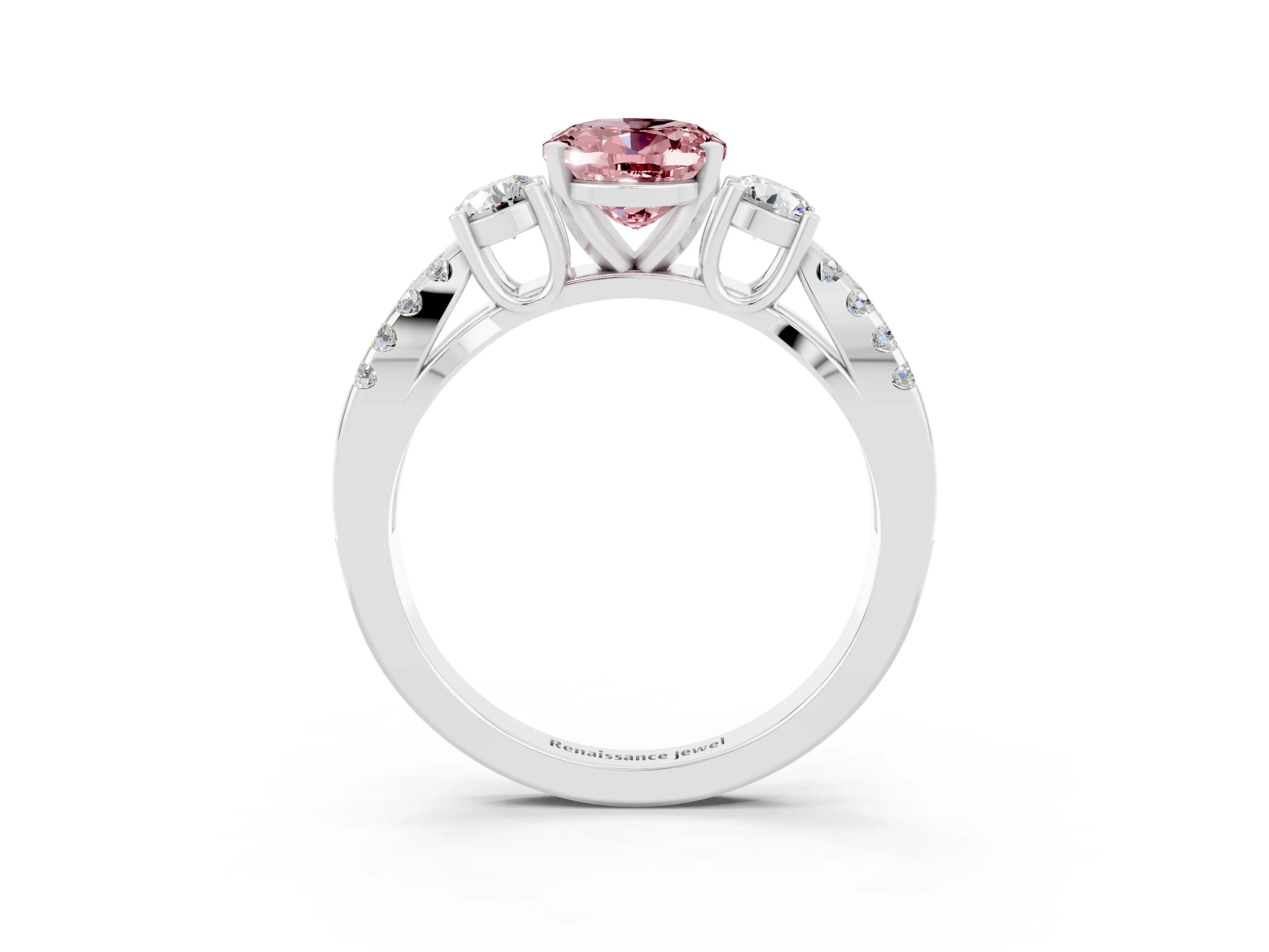 White gold Oval Cut Morganite Three-Stone Ring with Pavé Split Shank and Four-Prong Setting_15