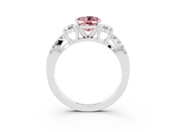 Silver Oval Cut Morganite Three-Stone Ring with Pavé Split Shank and Four-Prong Setting