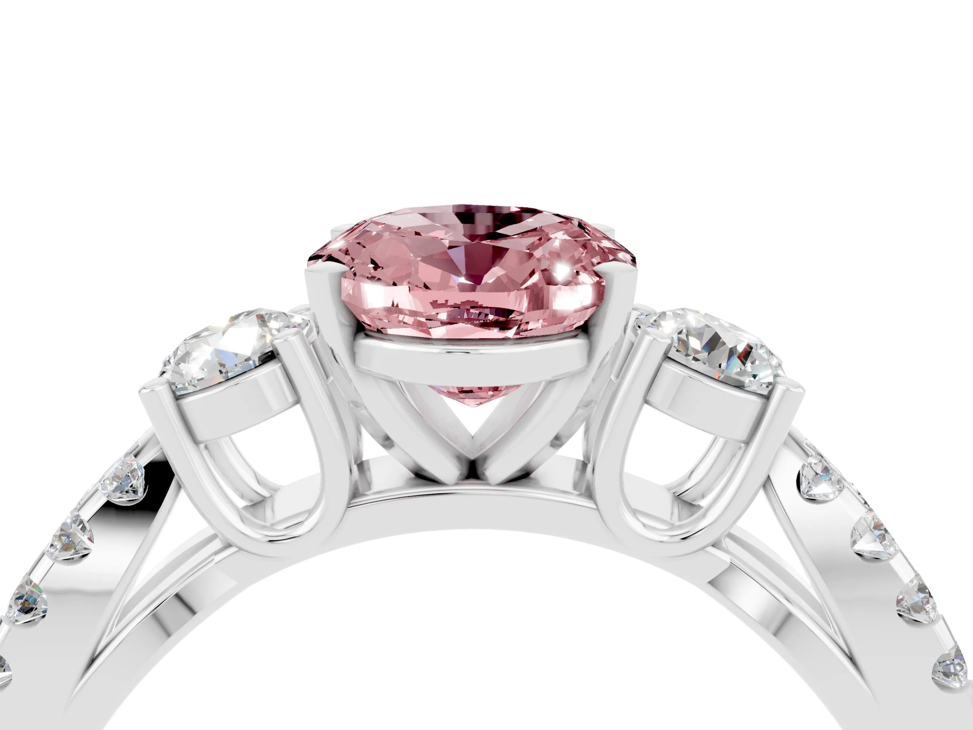 White gold Oval Cut Morganite Three-Stone Ring with Pavé Split Shank and Four-Prong Setting_16