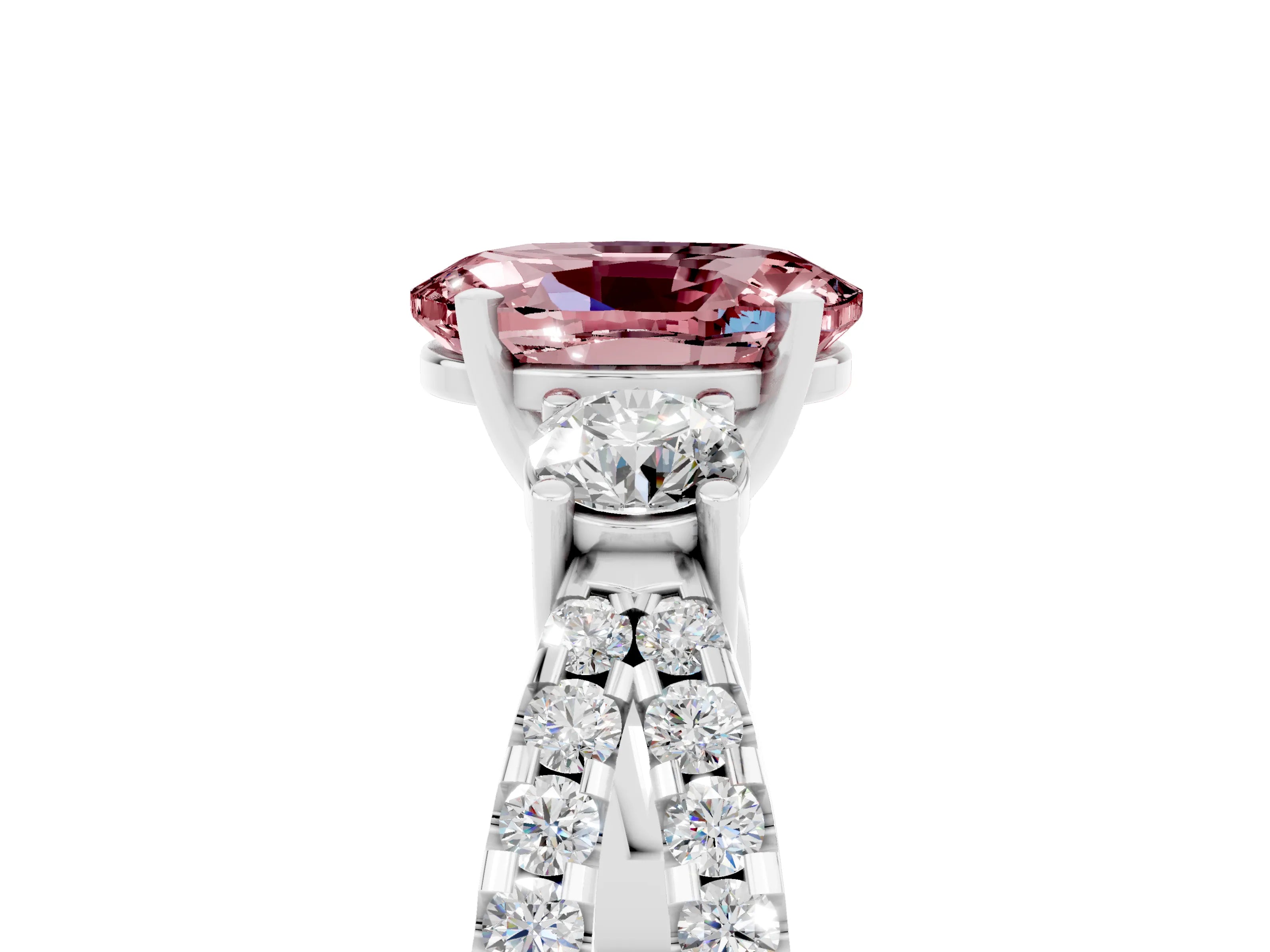 White gold Oval Cut Morganite Three-Stone Ring with Pavé Split Shank and Four-Prong Setting_17