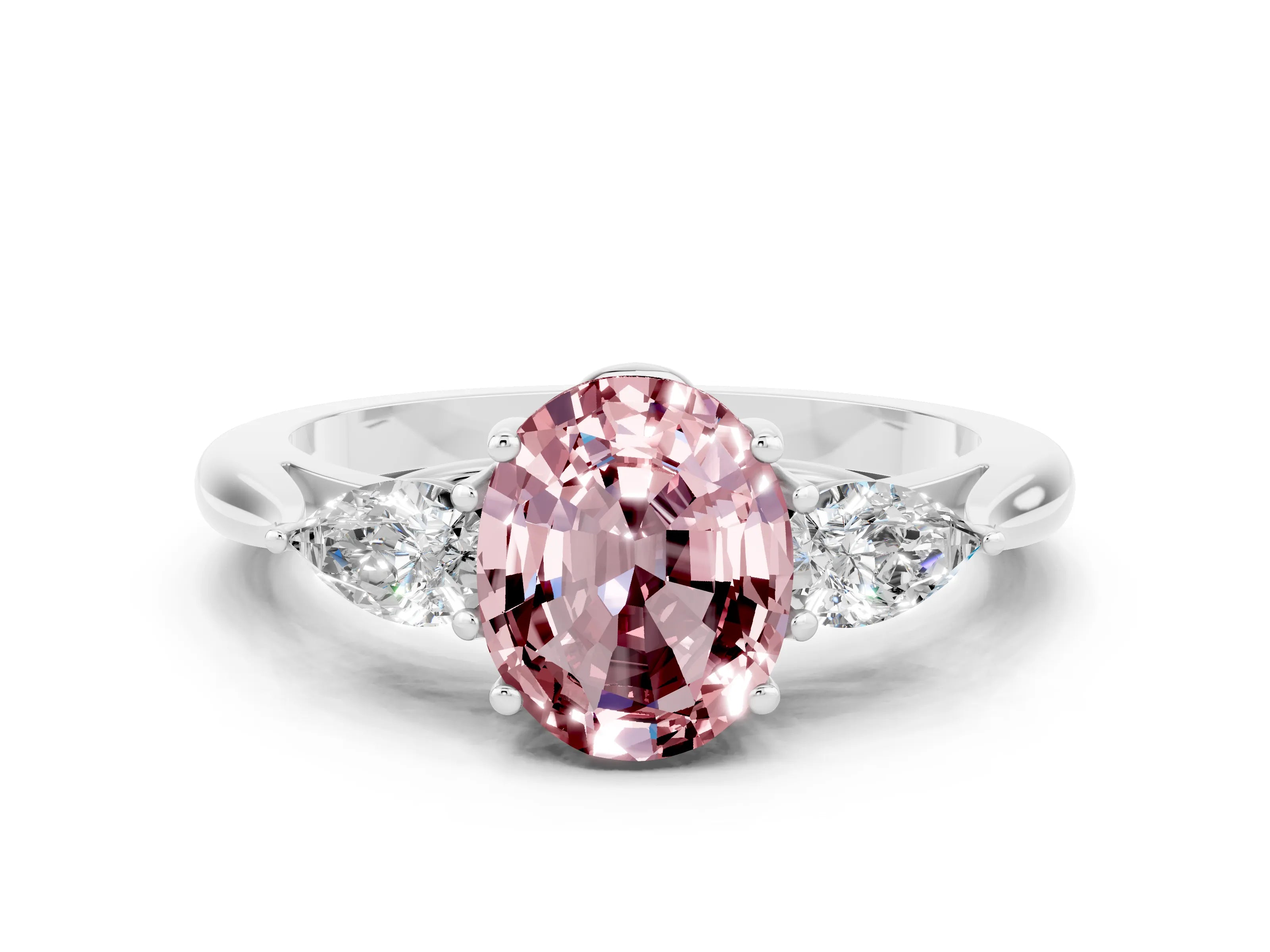 White gold Oval Cut Morganite Three-Stone Ring with Pear Side Stones and Four-Prong Setting_12
