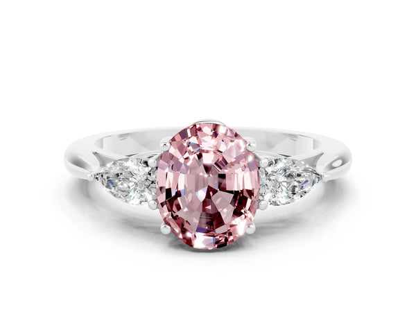 Platinum Oval Cut Morganite Three-Stone Ring with Pear  Side Stones and Prong Setting