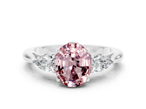 White gold Oval Cut Morganite Three-Stone Ring with Pear Side Stones and Four-Prong Setting_12