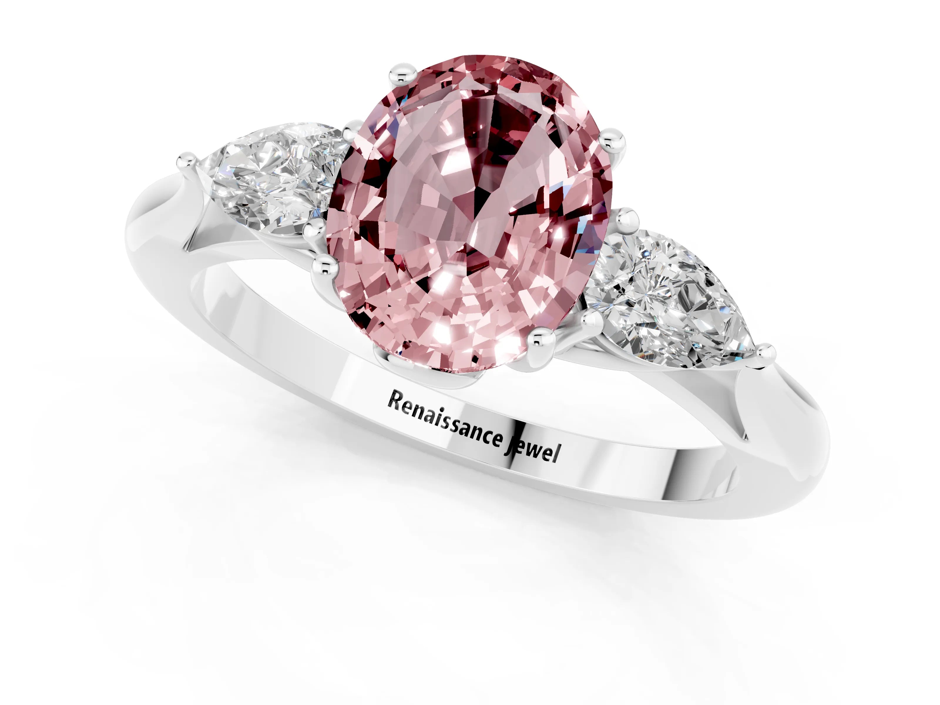 White gold Oval Cut Morganite Three-Stone Ring with Pear Side Stones and Four-Prong Setting_13