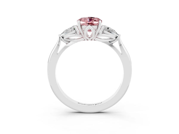 Platinum Oval Cut Morganite Three-Stone Ring with Pear  Side Stones and Prong Setting