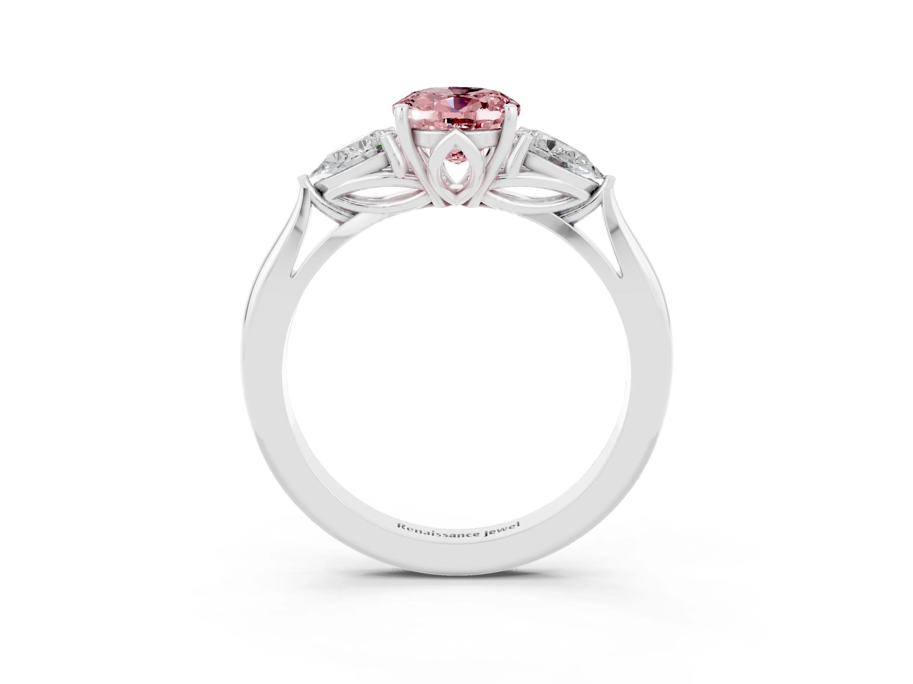 White gold Oval Cut Morganite Three-Stone Ring with Pear Side Stones and Four-Prong Setting_15