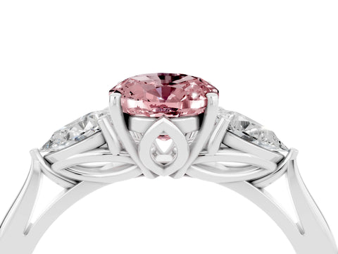 White gold Oval Cut Morganite Three-Stone Ring with Pear Side Stones and Four-Prong Setting_16