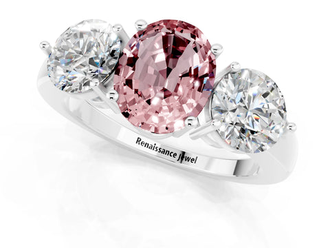 White gold Oval Cut Morganite Three-Stone Ring with Prong Setting and Classic Band_1