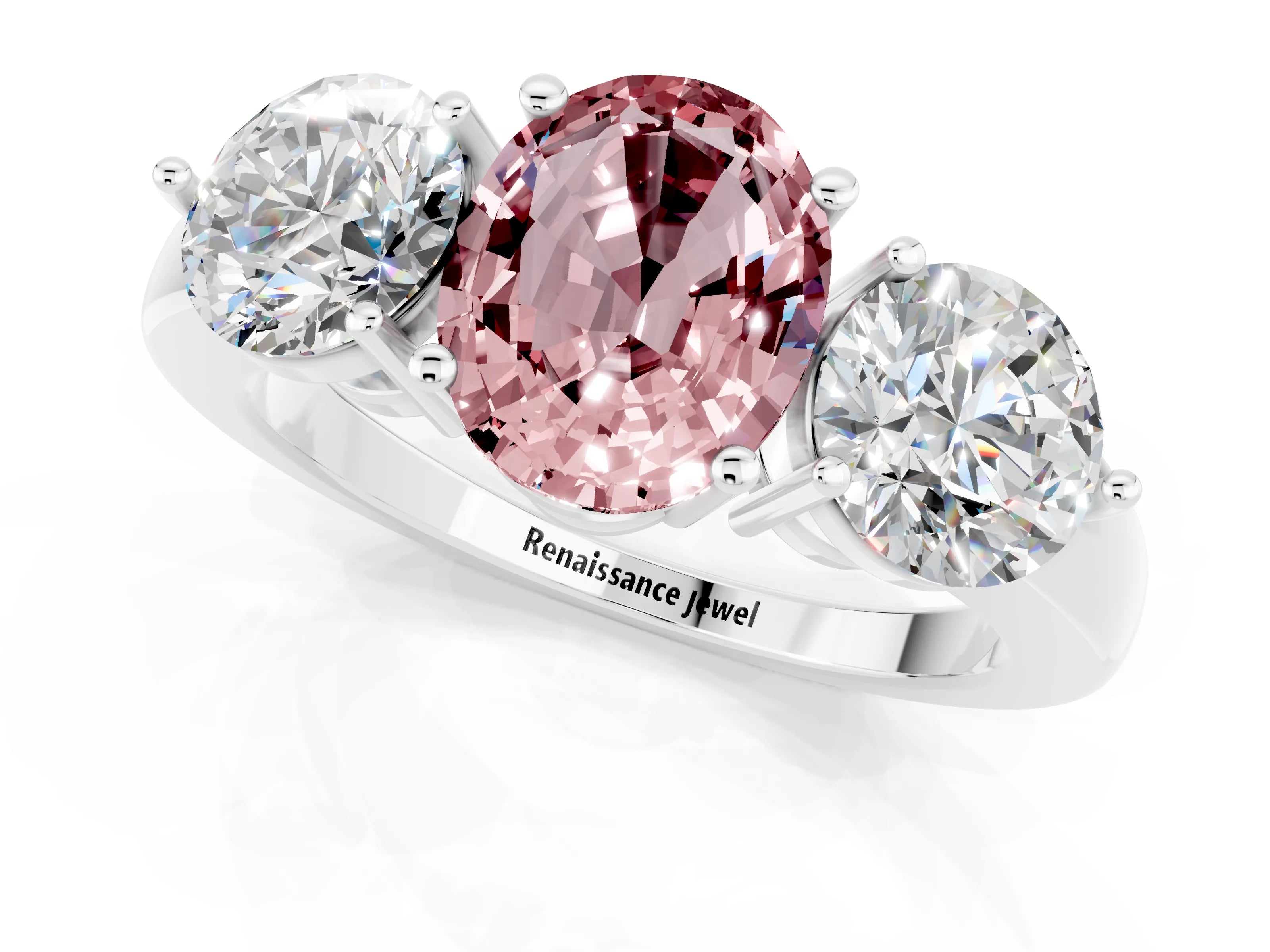 White gold Oval Cut Morganite Three-Stone Ring with Prong Setting and Classic Band_1