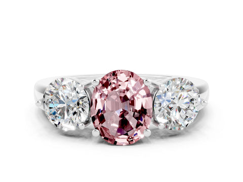 White gold Oval Cut Morganite Three-Stone Ring with Prong Setting and Classic Band