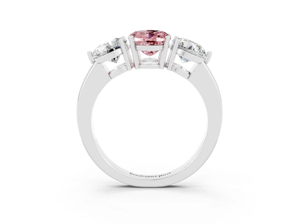 Silver Oval Cut Morganite Three-Stone Ring with Prong Setting and Classic Band