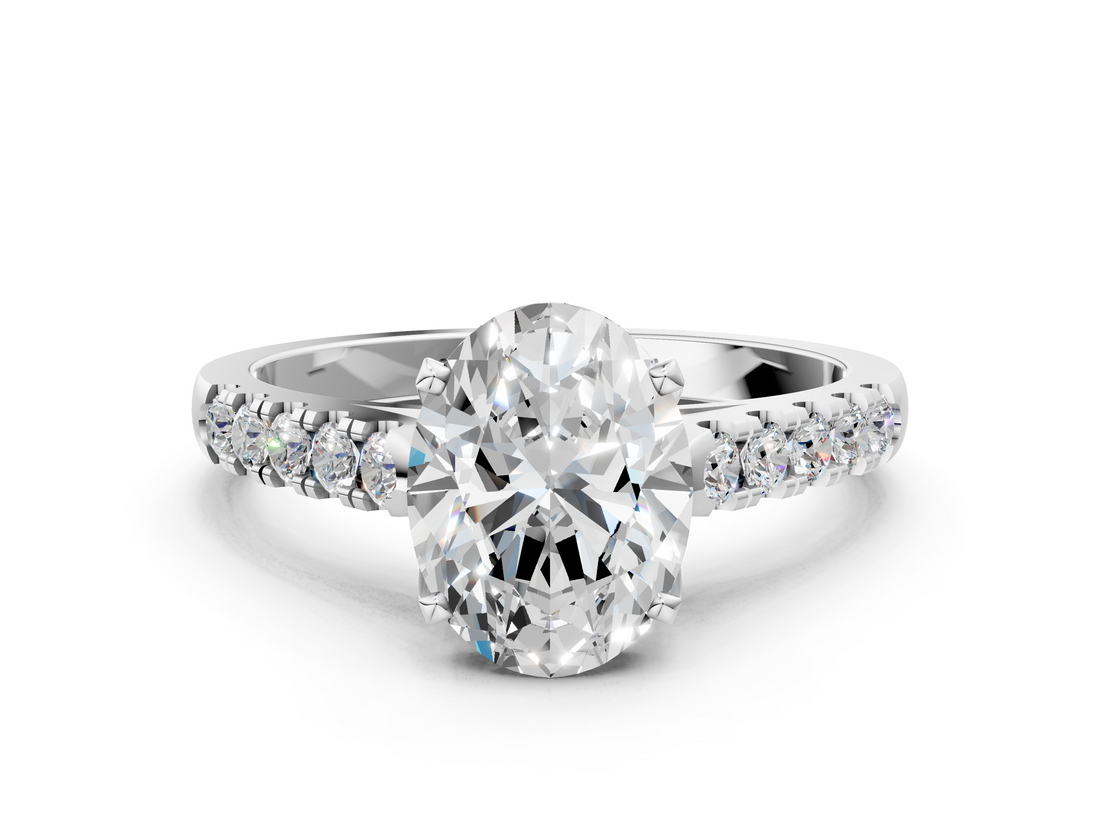 White gold Oval Cut Pavé Band Solitaire Ring with Four-Prong Setting_299