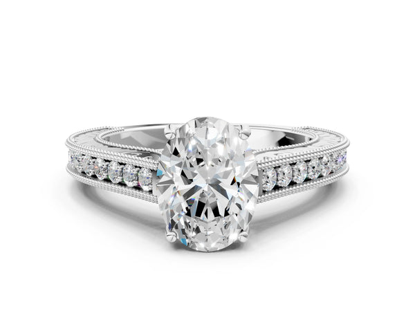 Platinum Oval Vintage Solitaire Engagement Ring Setting with Engraved Milgrain Pave Band