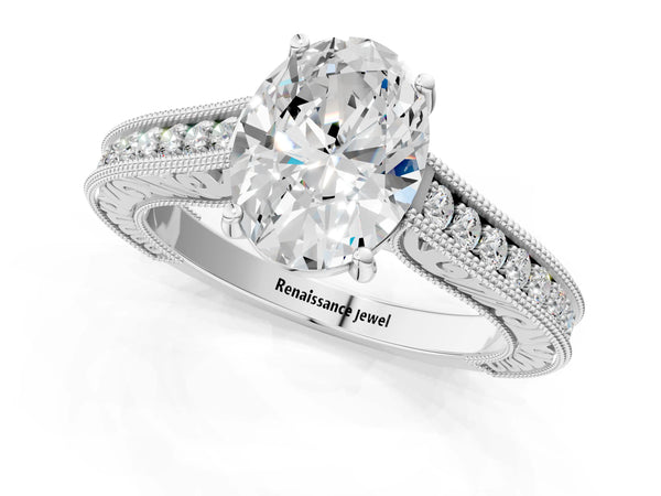 Sterling Silver Oval Vintage Solitaire Engagement Ring Setting with Engraved Milgrain Pave Band