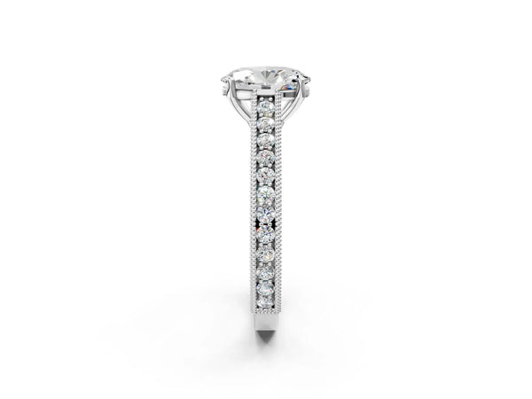 Platinum Oval Vintage Solitaire Engagement Ring Setting with Engraved Milgrain Pave Band