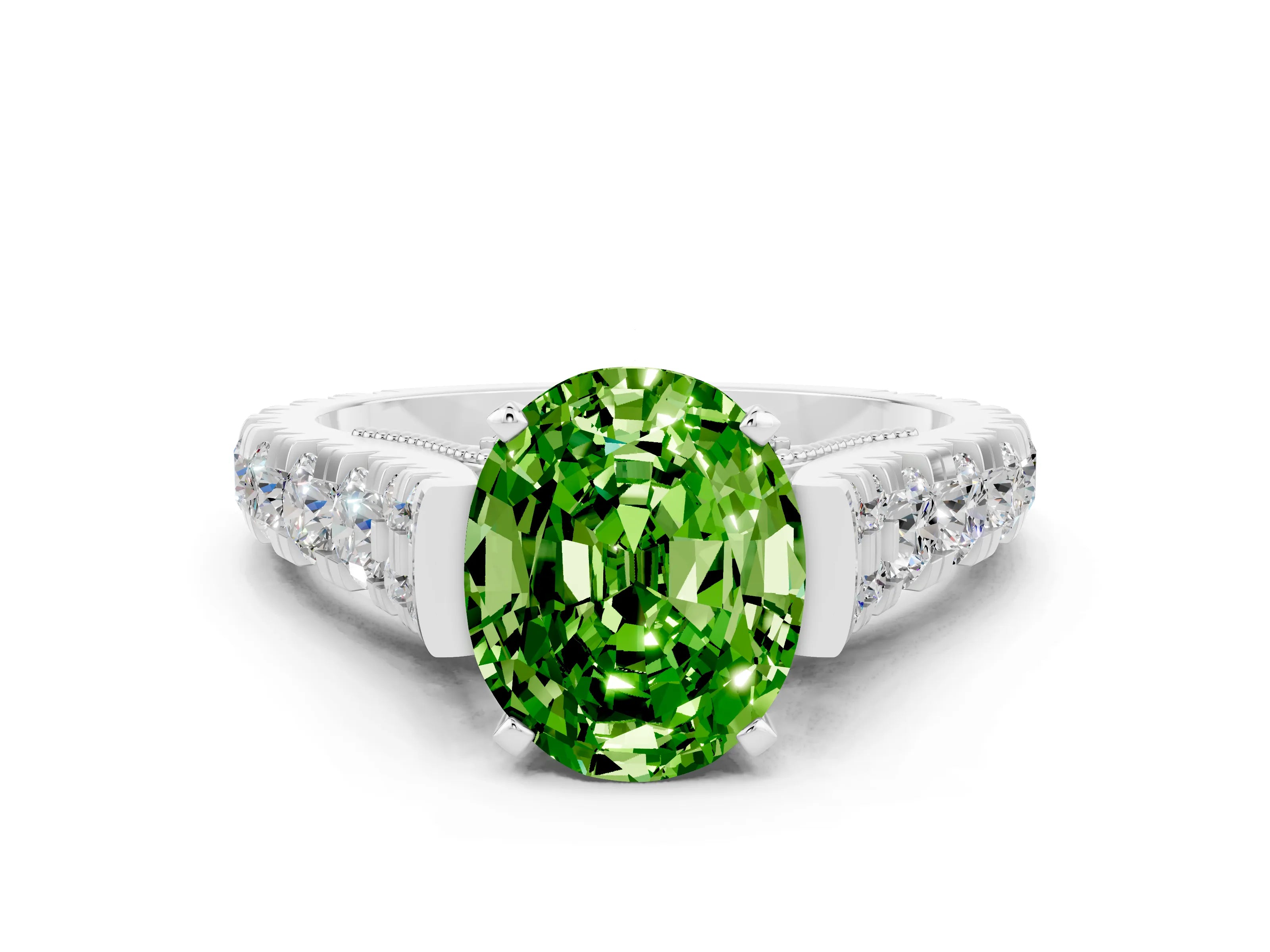 White gold Oval Cut Peridot Classic Solitaire Ring with Pavé Band and Four-Prong Setting