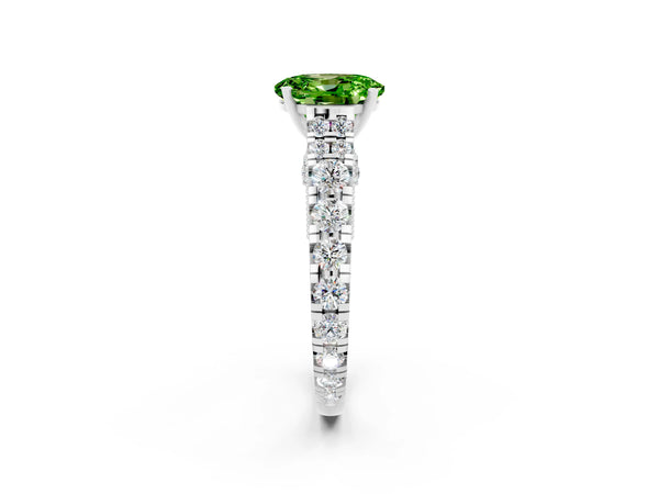 Platinum Oval Cut Peridot Classic Solitaire Ring with Pavé Band and Four-Prong Setting