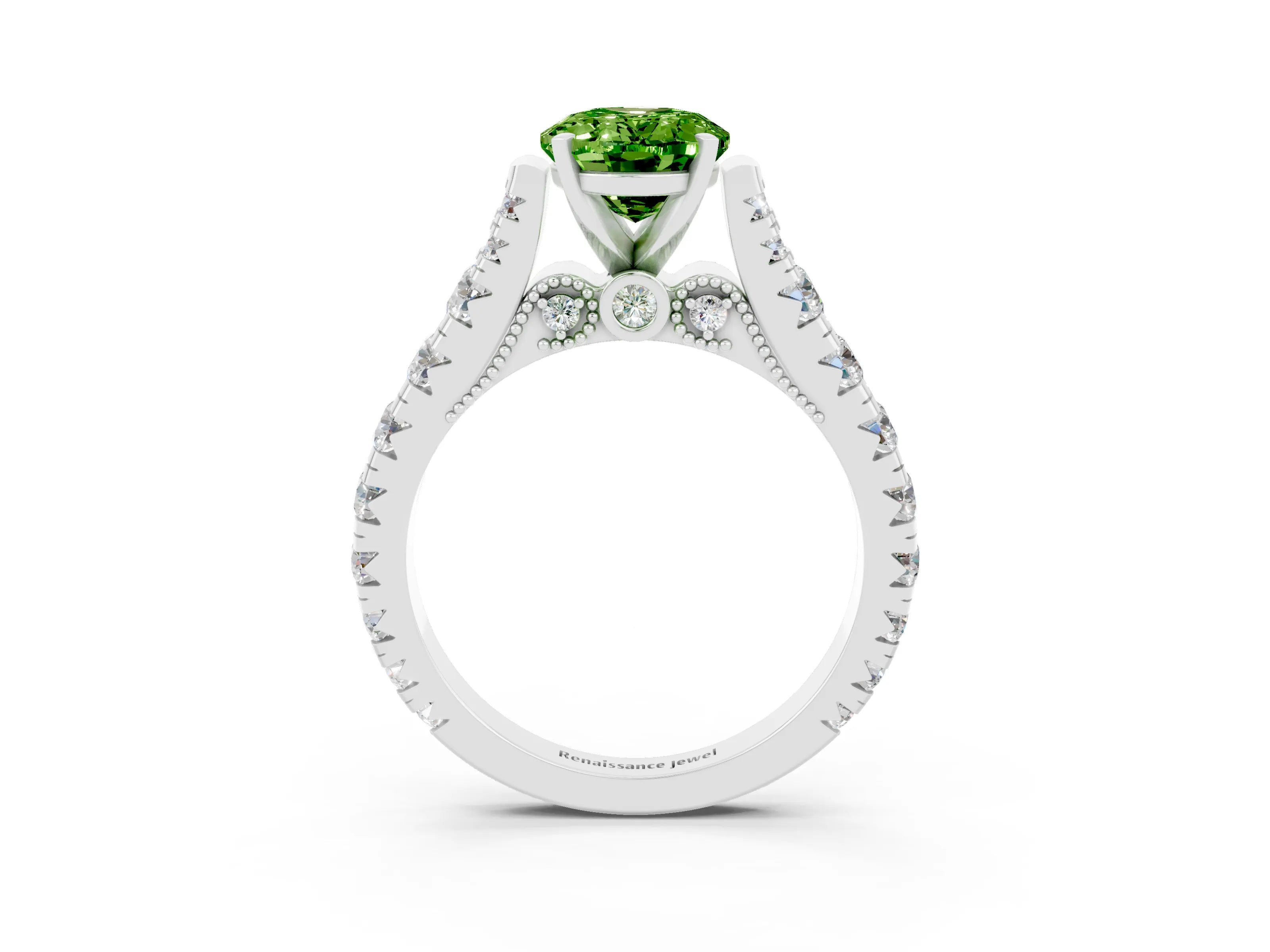 White gold Oval Cut Peridot Classic Solitaire Ring with Pavé Band and Four-Prong Setting_3