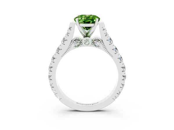 Silver Oval Cut Peridot Classic Solitaire Ring with Pavé Band and Four-Prong Setting