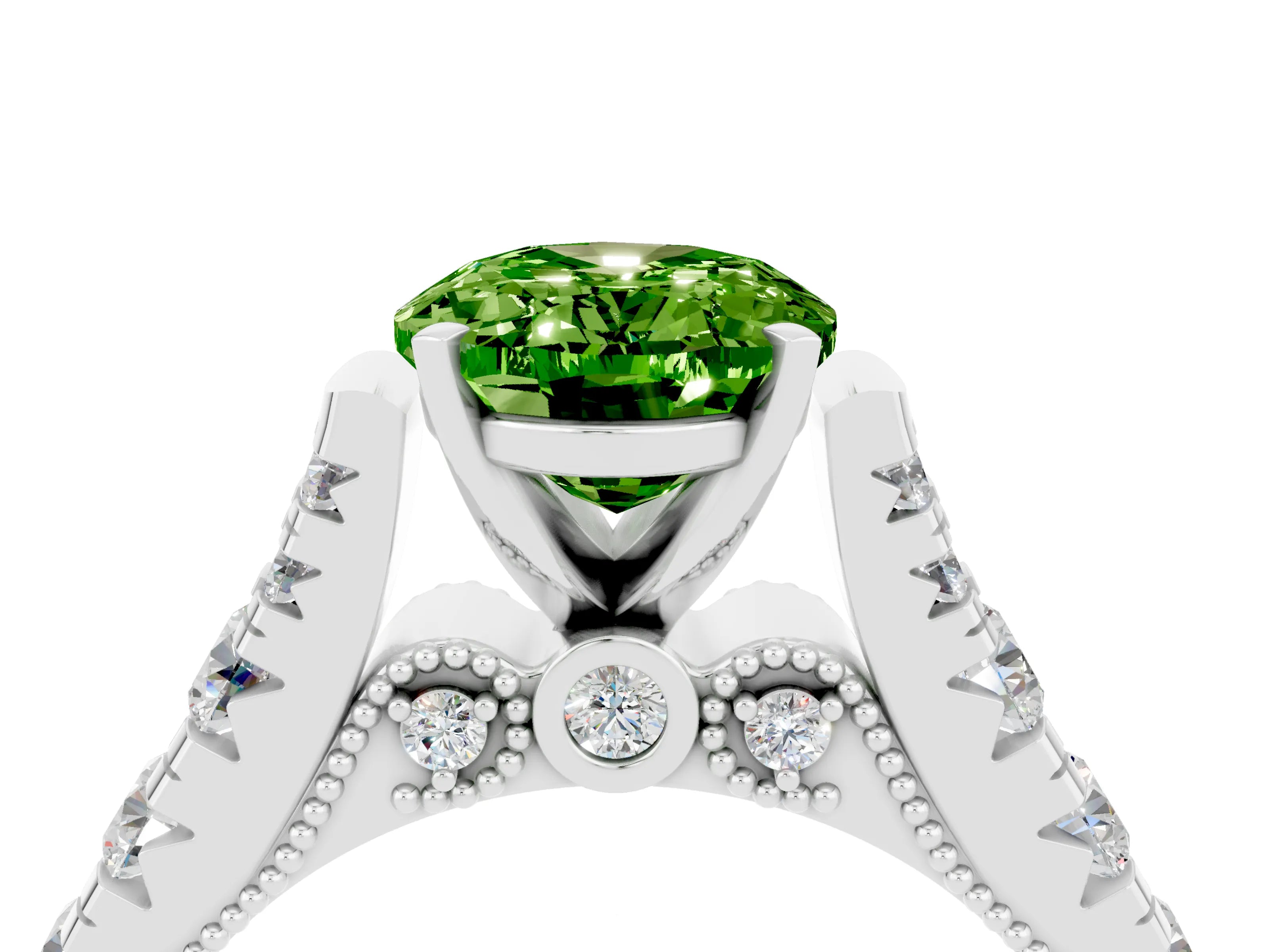 White gold Oval Cut Peridot Classic Solitaire Ring with Pavé Band and Four-Prong Setting_4