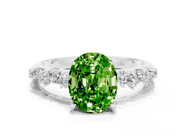 Silver Oval Cut Peridot Cluster Side Stone Solitaire Ring with Prong Setting