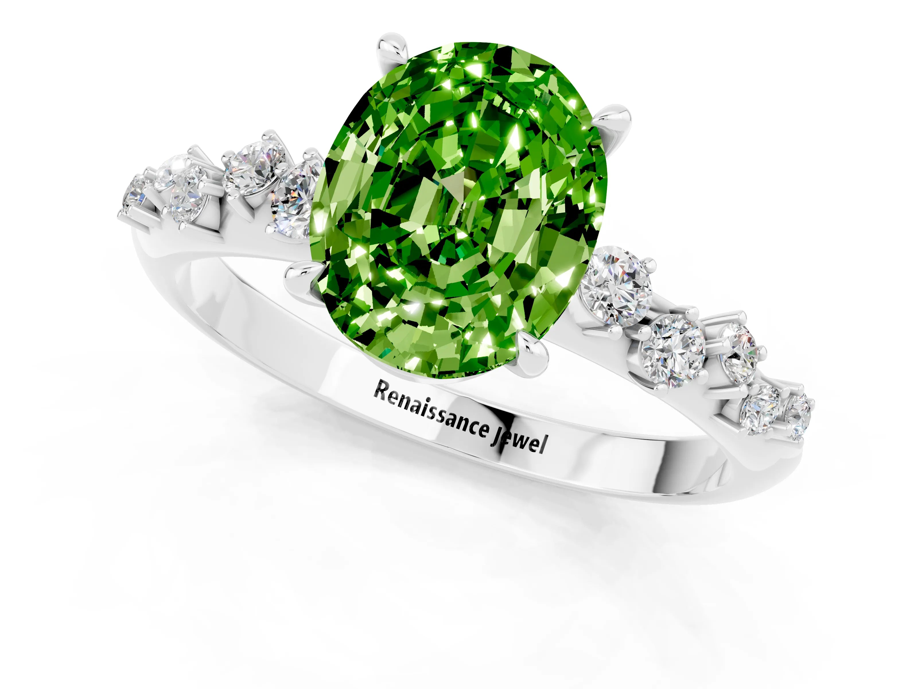 White gold Oval Cut Peridot Cluster Side Stone Solitaire Ring with Prong Setting_25
