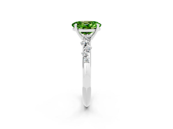 Silver Oval Cut Peridot Cluster Side Stone Solitaire Ring with Prong Setting