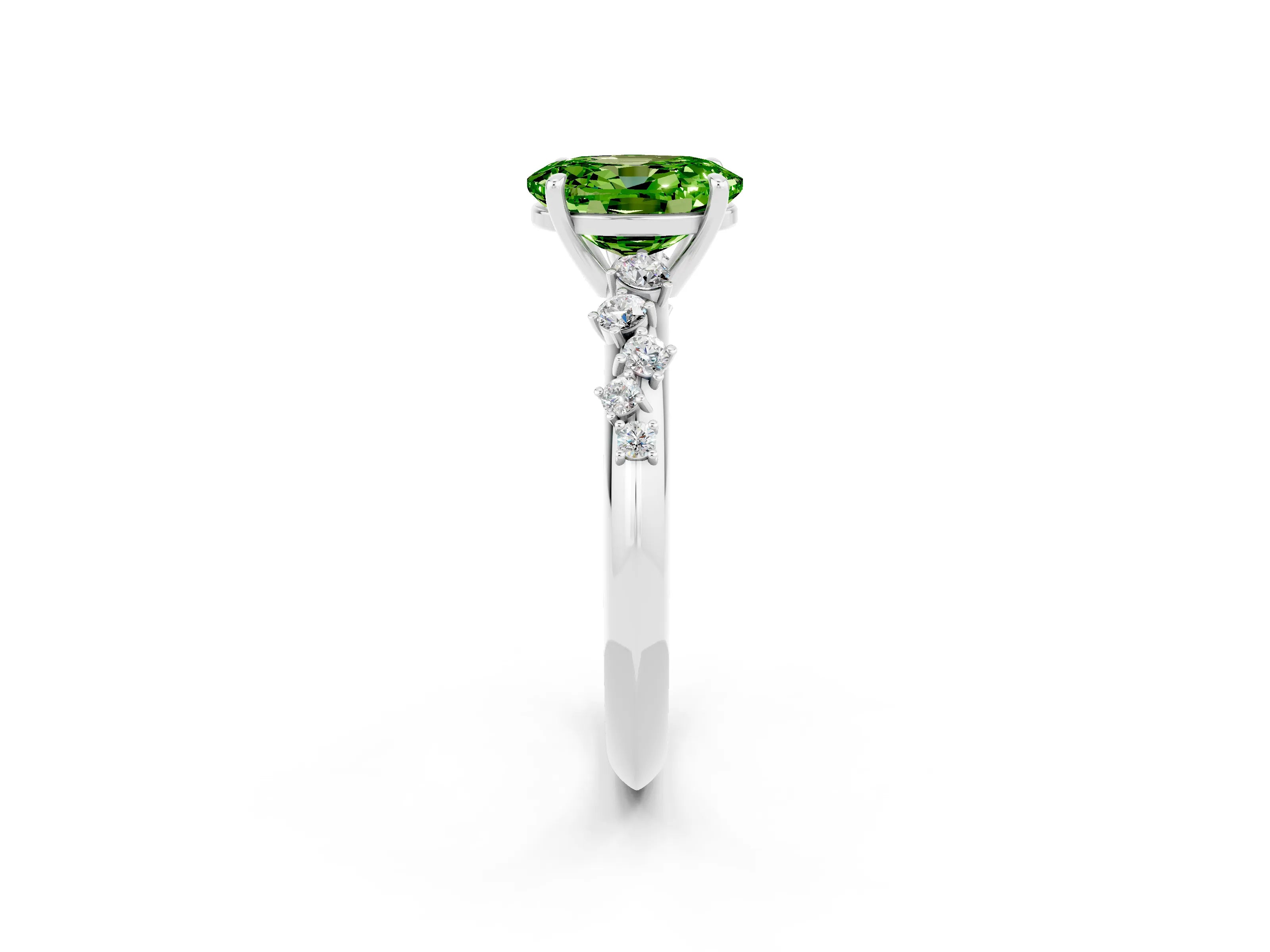 White gold Oval Cut Peridot Cluster Side Stone Solitaire Ring with Prong Setting_26