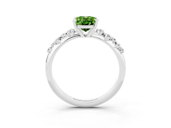 White gold Oval Cut Peridot Cluster Side Stone Solitaire Ring with Prong Setting