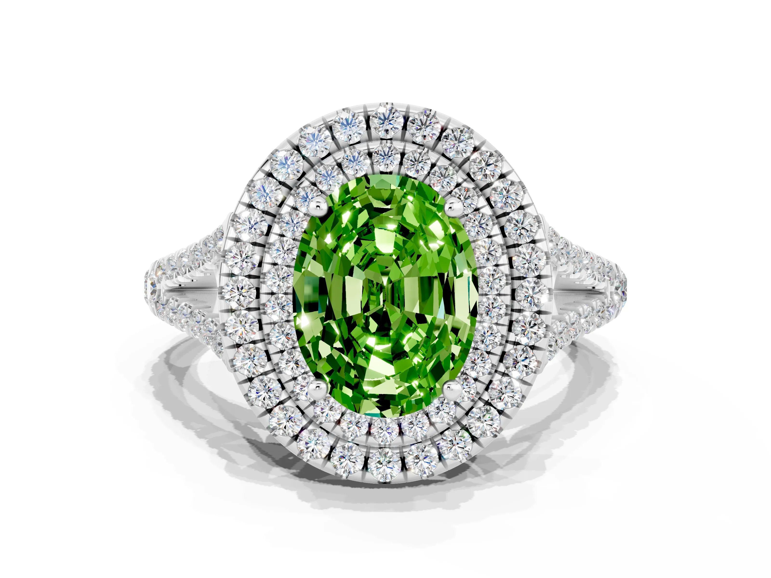 White gold Oval Cut Peridot Double Halo Ring with Pavé Band and Prong Setting_12