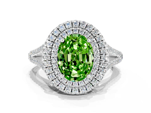 White gold Oval Cut Peridot Double Halo Ring with Pavé Band and Prong Setting_12