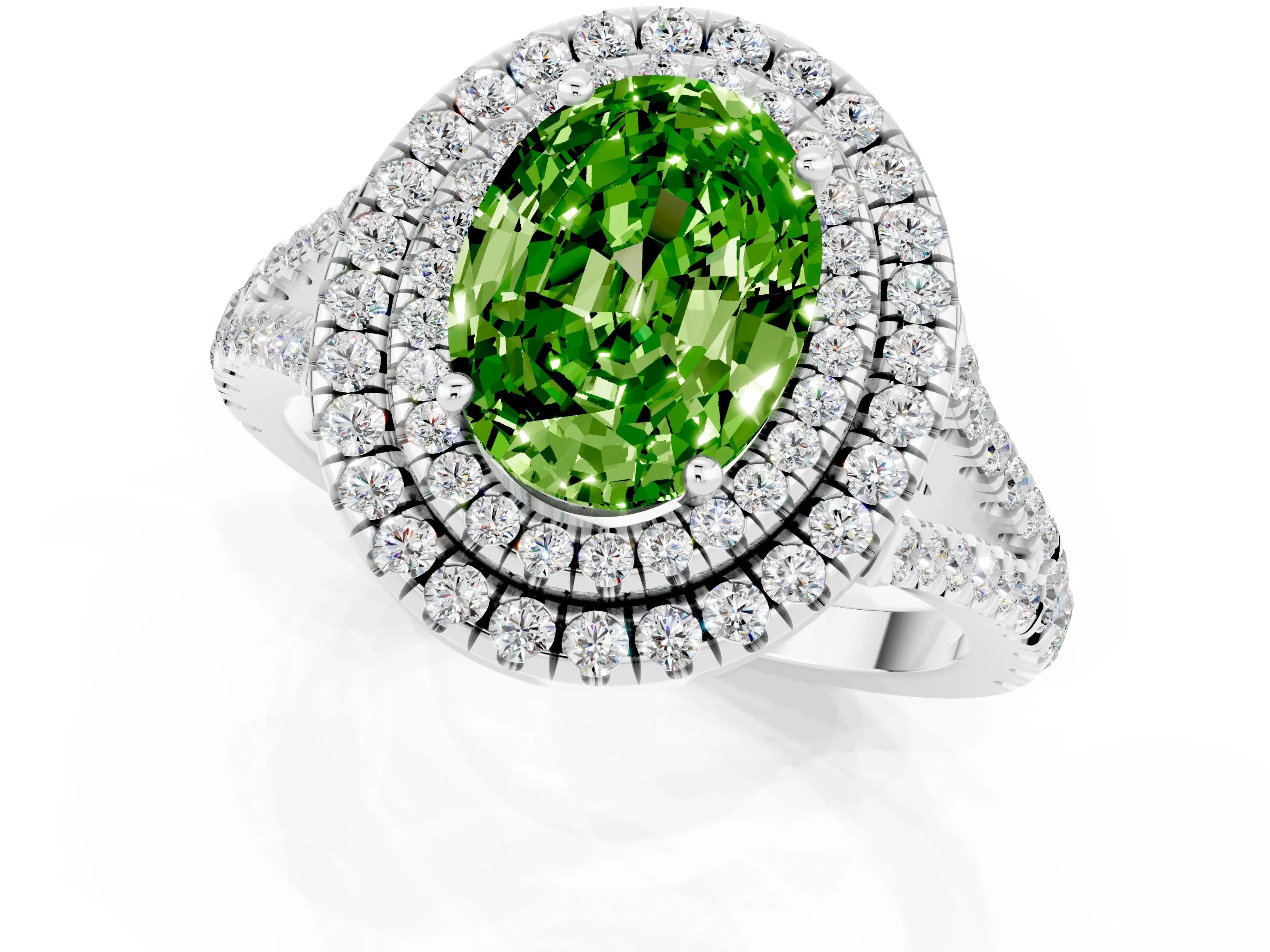 White gold Oval Cut Peridot Double Halo Ring with Pavé Band and Prong Setting_13