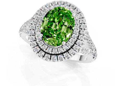 White gold Oval Cut Peridot Double Halo Ring with Pavé Band and Prong Setting_13
