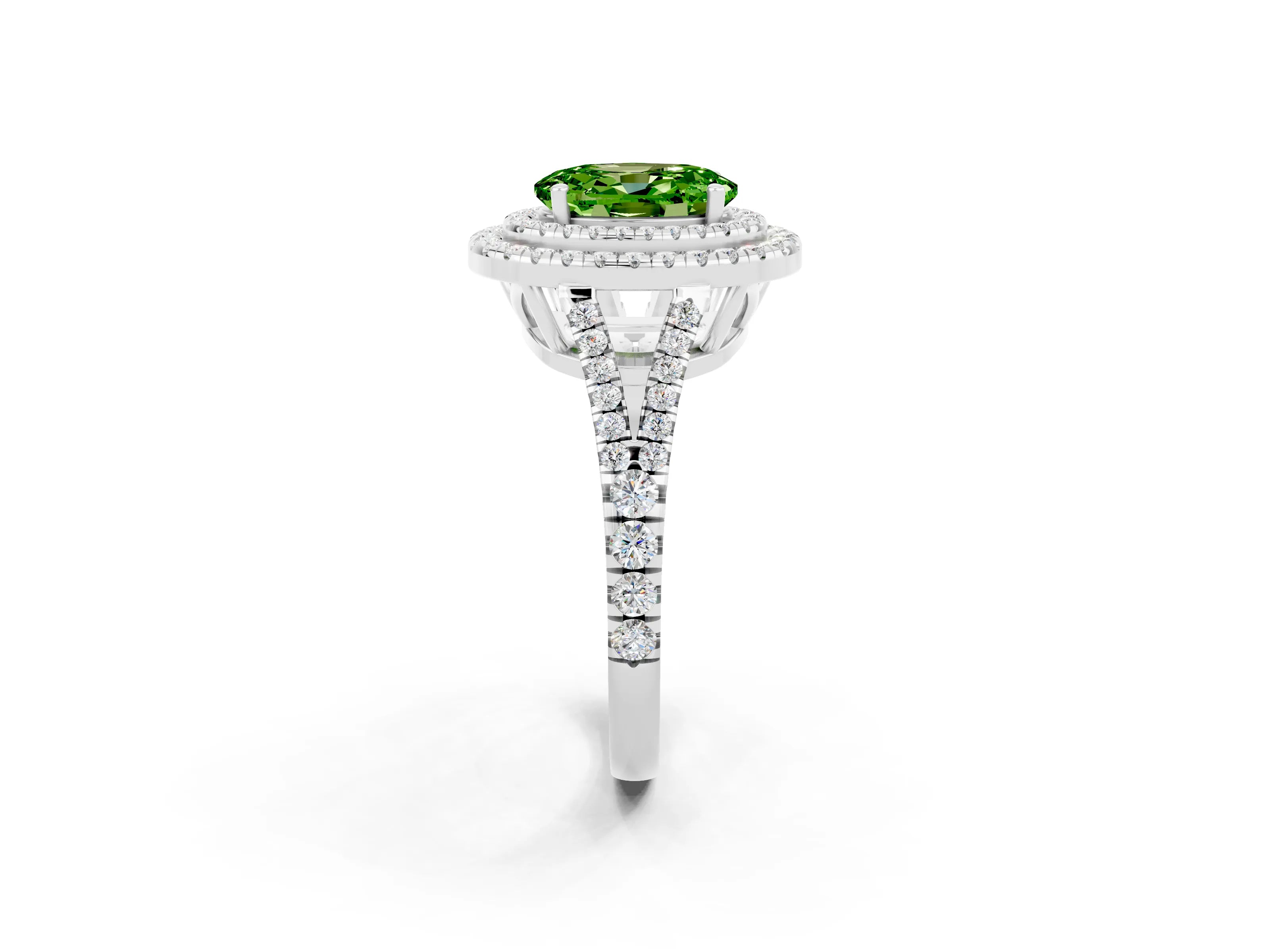 White gold Oval Cut Peridot Double Halo Ring with Pavé Band and Prong Setting_14