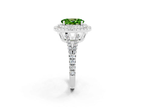 White gold Oval Cut Peridot Double Halo Ring with Pavé Band and Prong Setting_14