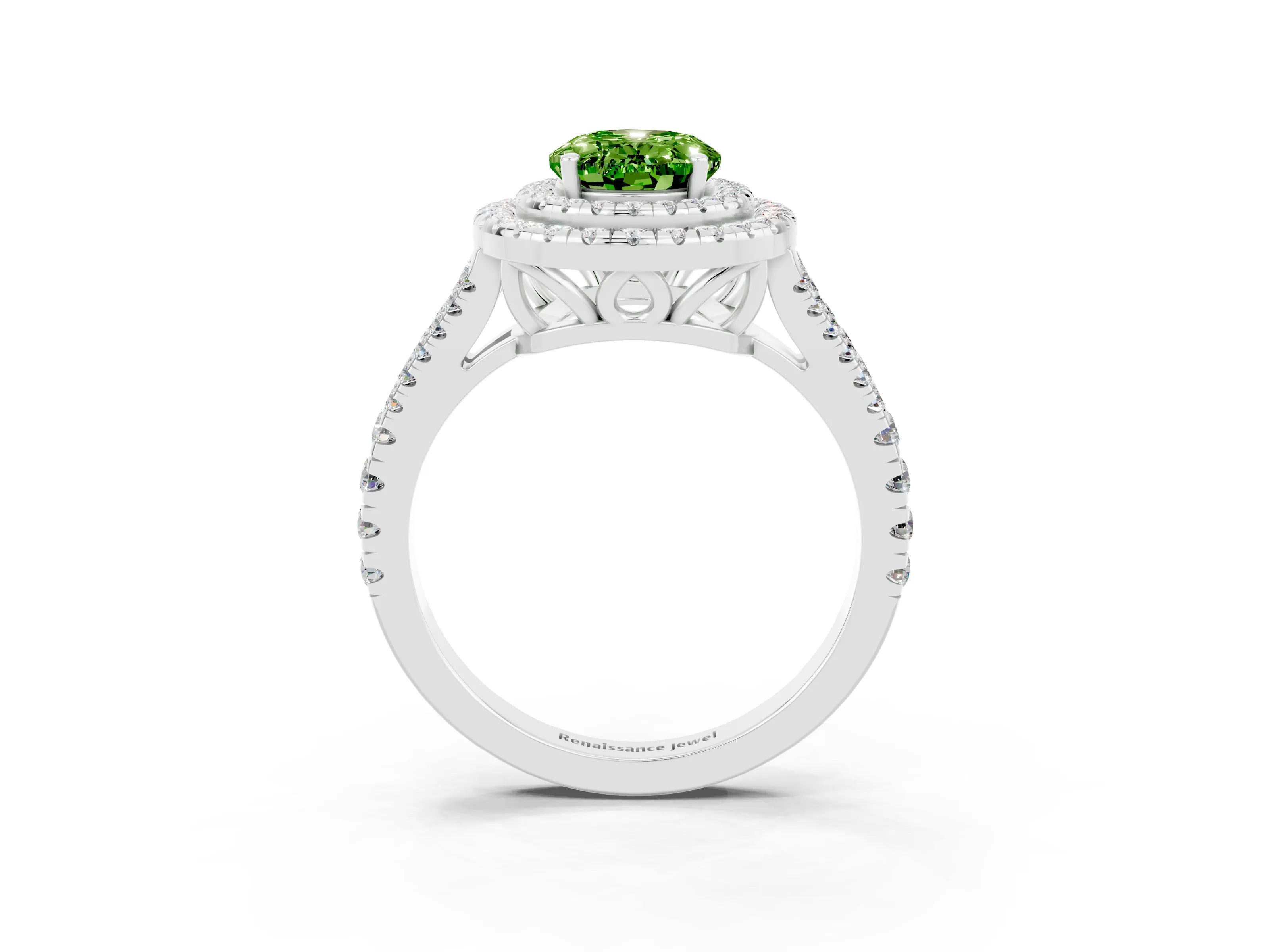 White gold Oval Cut Peridot Double Halo Ring with Pavé Band and Prong Setting_15