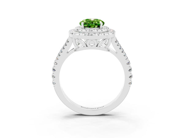 Platinum Oval Cut Peridot Double Halo Ring with Pavé Band and Prong Setting