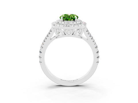 White gold Oval Cut Peridot Double Halo Ring with Pavé Band and Prong Setting_15